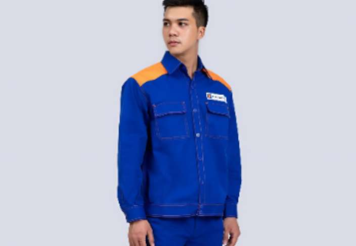Quần áo bảo hộ pha màu xanh phối vai cam vải Pangzim Hàn Quốc