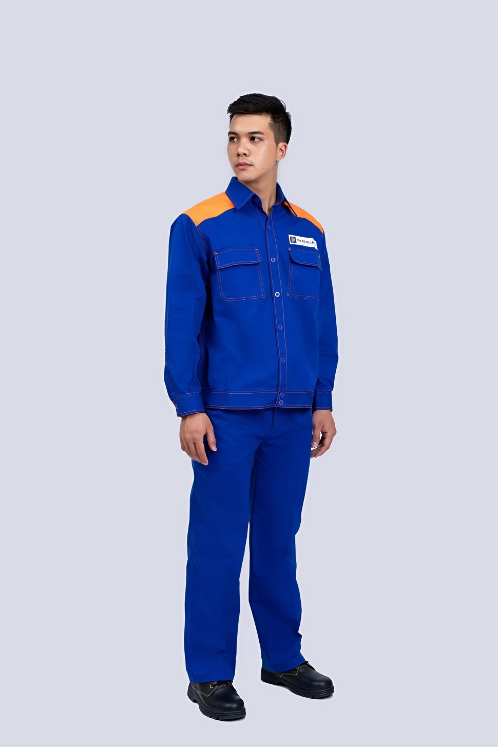 Quần áo bảo hộ pha màu xanh phối vai cam vải Pangzim Hàn Quốc